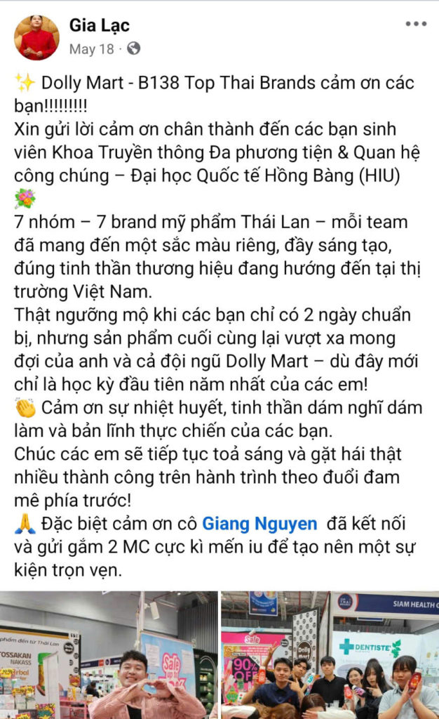 Đại diện Dolly Mart – CEO Ngô Đình Đông (nickname Gia Lạc) gửi lời cám ơn đến cô giáo và các bạn sinh viên HIU